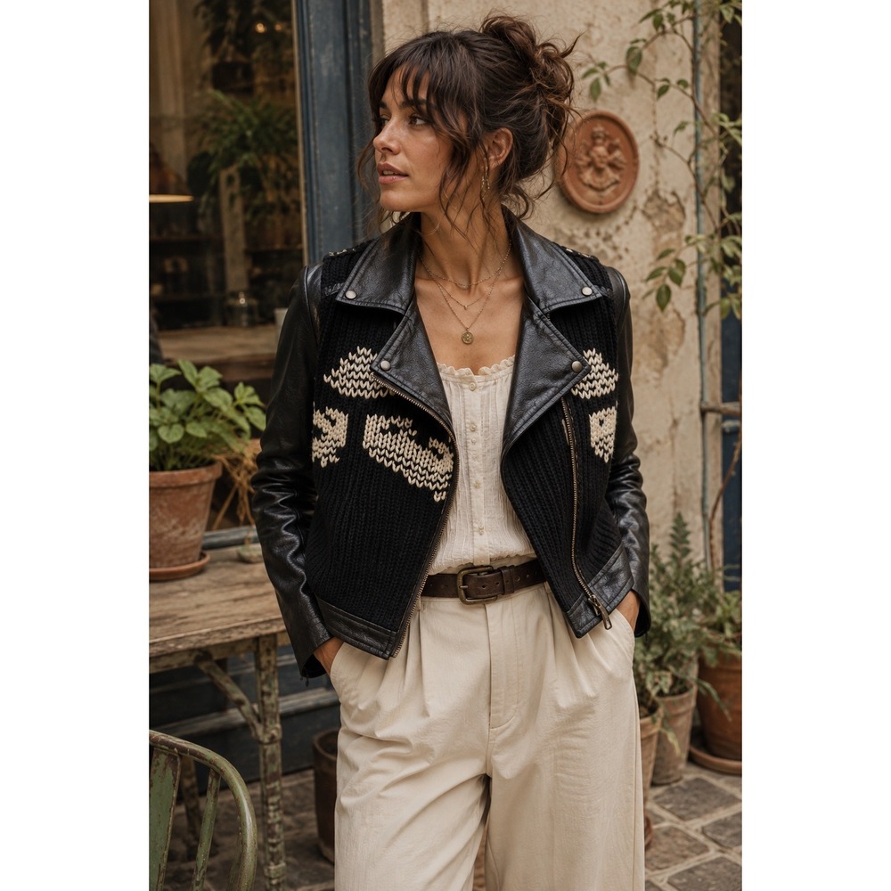 Anthropologie Ett:twa Faux Leather Wool Knit Mixed Media Moto Jacket Black MP